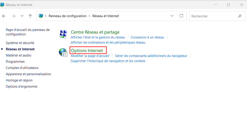 L'option Options Internet dans la fen&ecirc;tre R&eacute;seau et Internet