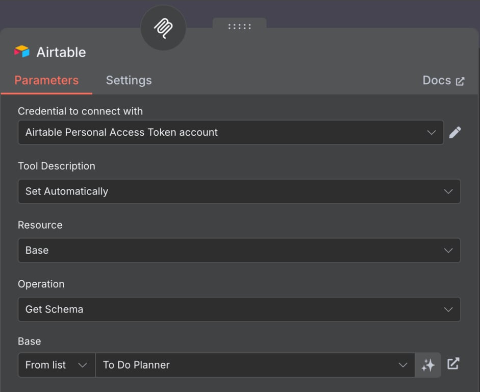 Page de configuration des nœuds Airtable