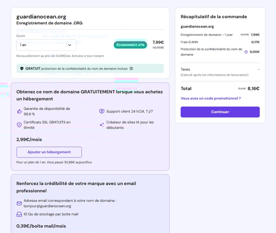 Page de paiement Hostinger, affichant les services supplémentaires à inclure lors de l'achat d'un domaine