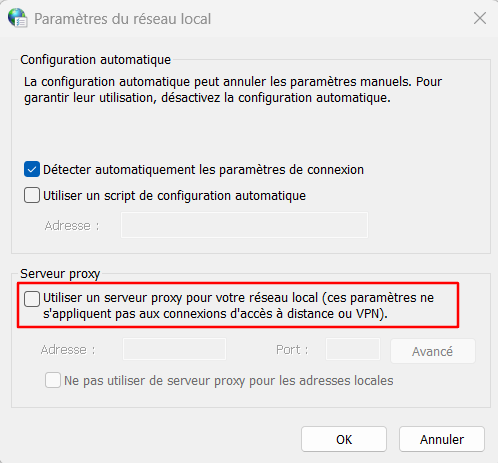 Option permettant de désélectionner tous les paramètres proxy dans les paramètres réseau de Windows