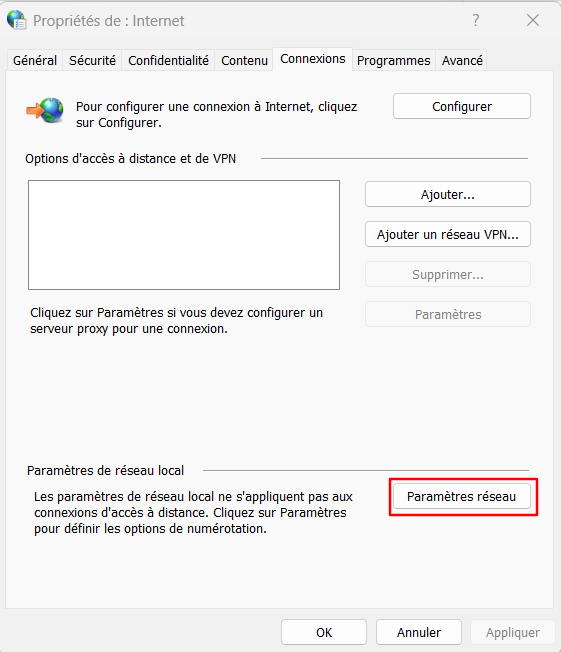 Le bouton Paramètres réseau dans l'onglet Connexions de la fenêtre Propriétés Internet