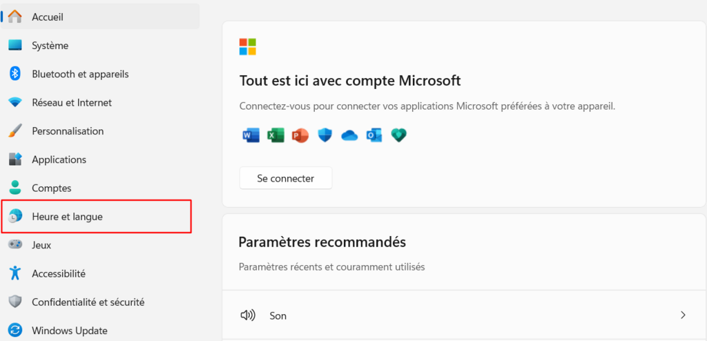 L'option Heure et langue dans le menu Paramètres de Windows