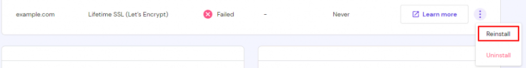 Le menu SSL dans hPanel avec l'option Réinstaller sélectionnée