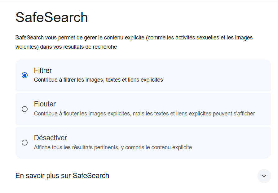 Paramètres des filtres Google SafeSearch