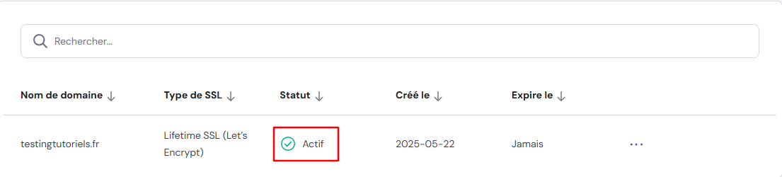 Statut du certificat SSL sur hpanel