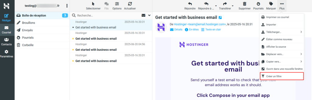 Webmail Hostinger, mettant en avant l'option permettant de cr&eacute;er un filtre