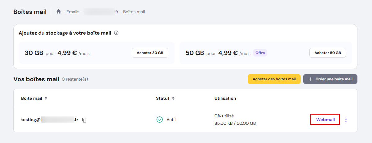 Bouton Webmail sur Hostinger Email