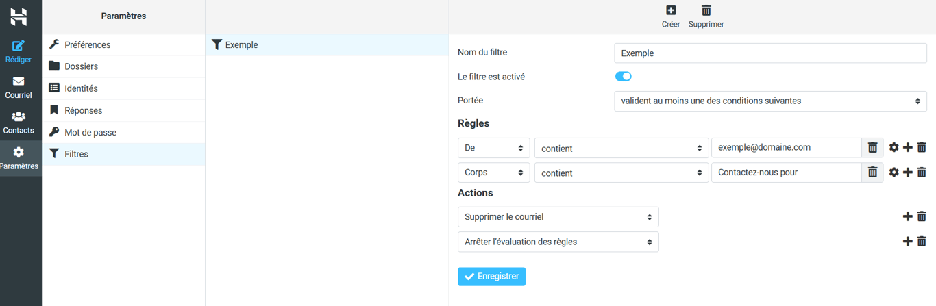 Param&egrave;tres de webmail Hostinger permettant aux utilisateurs de g&eacute;rer leurs filtres