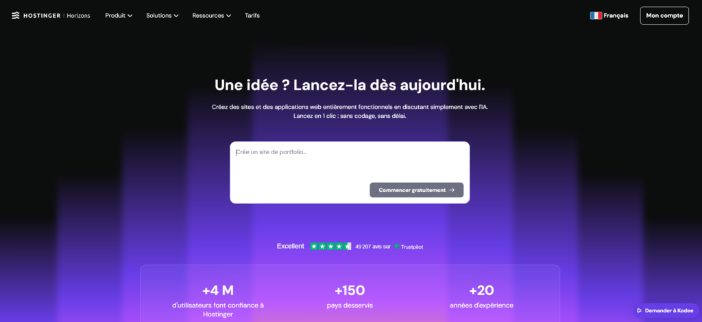 Landing page de Hostinger Horizons