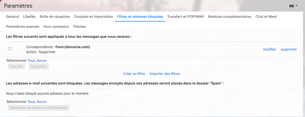 Paramètres Gmail, affichage des filtres et des adresses bloquées
