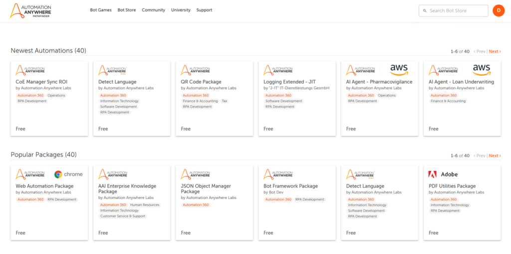 Image affichant la boutique de robots Automation Anywhere et les options disponibles