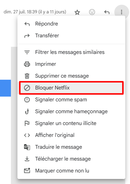 Plus de param&egrave;tres dans Gmail, mise en &eacute;vidence de l'option de blocage