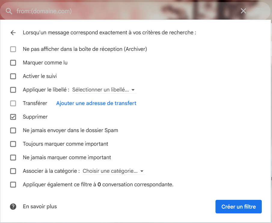 Fen&ecirc;tre de configuration du filtre Gmail