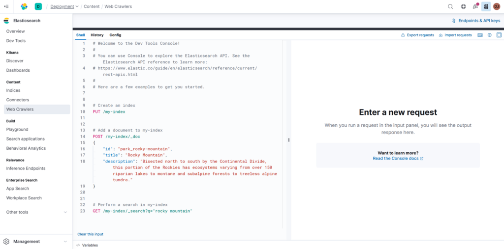 Image affichant l'interface Web Elastic avec le cr&eacute;ateur de robot d'indexation ouvert