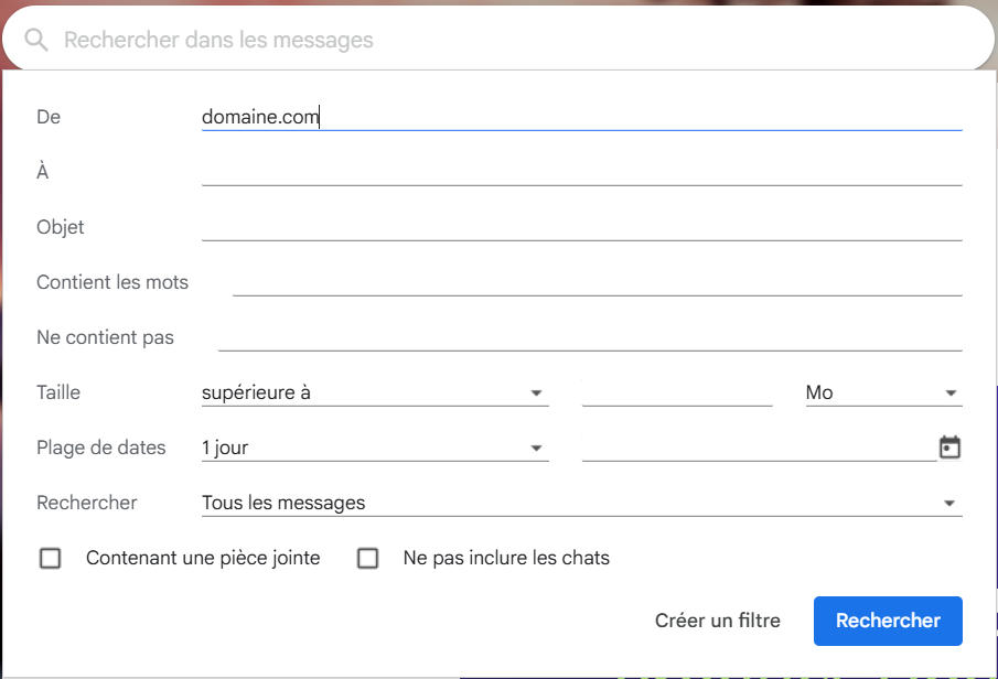 Cr&eacute;er une r&egrave;gle pour filtrer les messages, en mettant en surbrillance le champ permettant d'entrer le nom de domaine cibl&eacute;