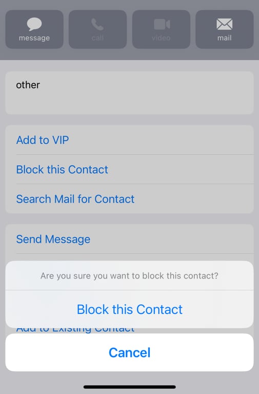 La page de confirmation pour bloquer un exp&eacute;diteur dans iOS