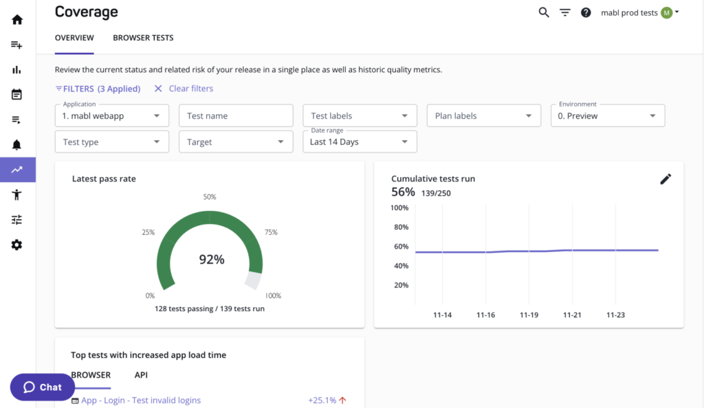 Image affichant l'interface Mabl sur la page Coverage