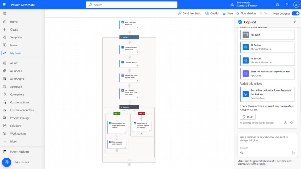 Image affichant le tableau de bord MS Power Automate, avec workflow int&eacute;gr&eacute;