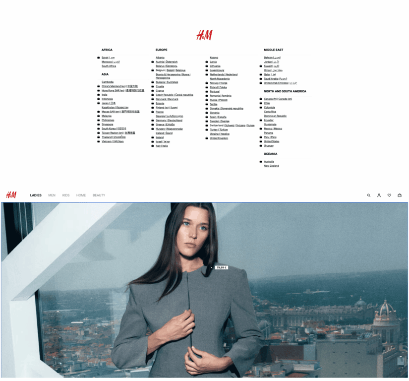 Comparaison entre la splash page et la page d'accueil de H&M