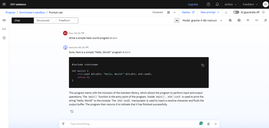 Image montrant la console Watson Builder avec une interaction par chat entre l'utilisateur et l'IA Watson
