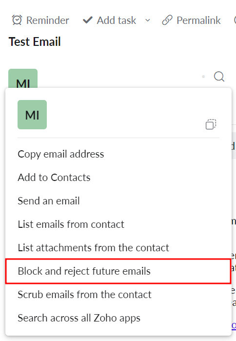 Aper&ccedil;u des e-mails dans Zoho Mail, mettant en &eacute;vidence l'option permettant de bloquer un e-mail