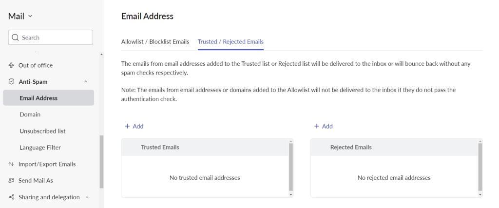 Liste des adresses e-mail bloqu&eacute;es dans Zoho Mail