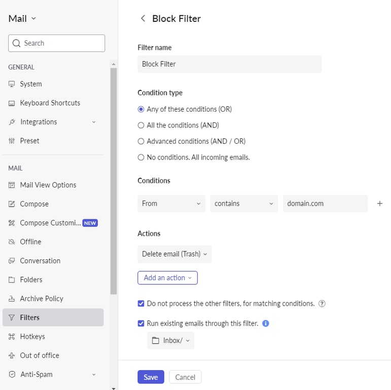 Configurer un nouveau filtre dans Zoho Mail