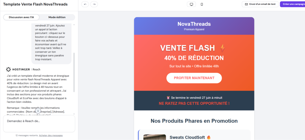 Interface du créateur de newsletters alimentée par l'IA de Hostinger Reach