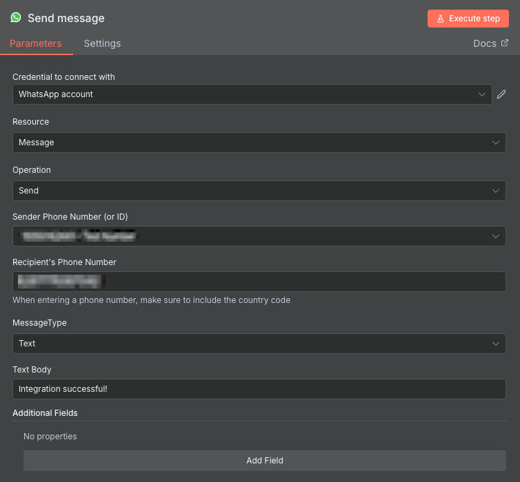 Fen&ecirc;tre de configuration du n&oelig;ud d'action &laquo; Envoyer un message WhatsApp &raquo;