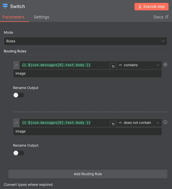 Fen&ecirc;tre de configuration du n&oelig;ud Switch de n8n