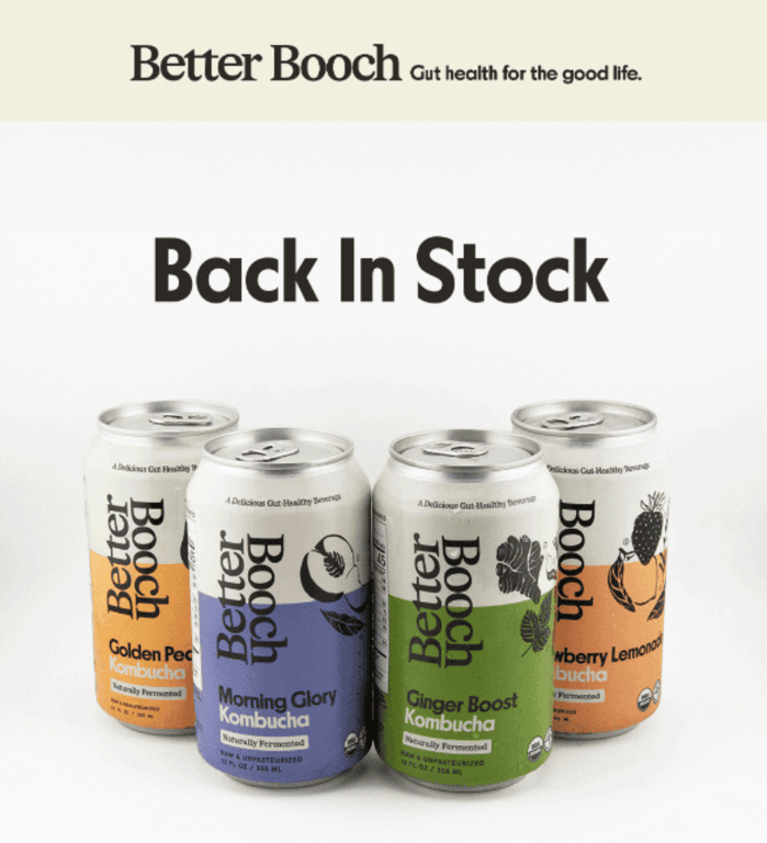 E-mail promotionnel Better Booch indiquant que les boissons sont de nouveau disponibles