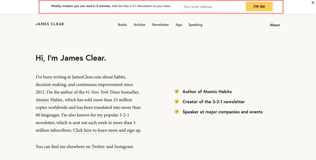 Le formulaire d’inscription à la newsletter sur le site de James Clear