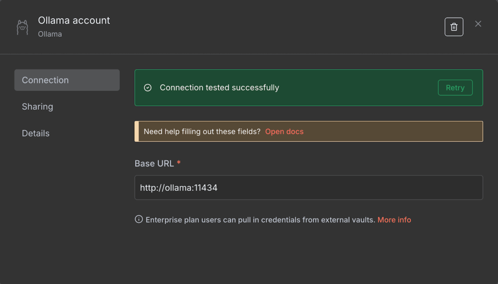 Un message confirmant la connexion n8n avec Ollama