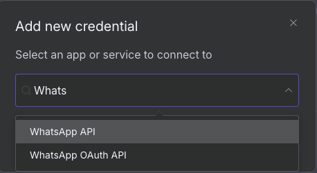 Options d'identification WhatsApp dans la fen&ecirc;tre de cr&eacute;ation d'identifiant n8n