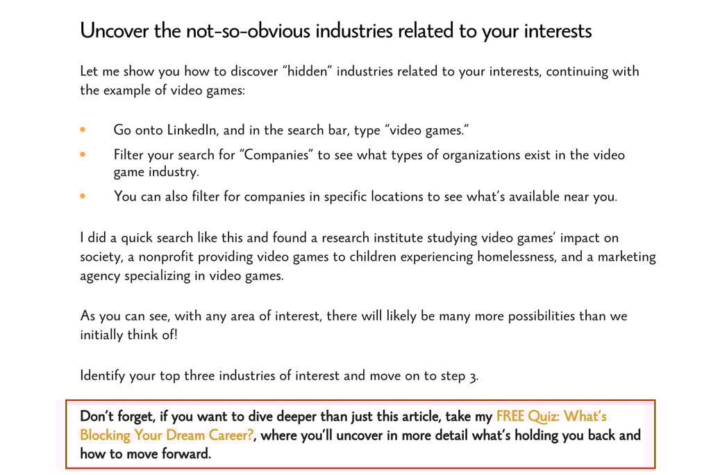 Section du blog de Rebecca Beaton faisant la promotion de son quiz gratuit pour créer une liste de diffusion