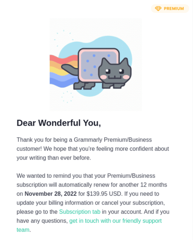 E-mail de rappel de renouvellement Grammarly