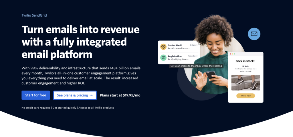 Page d'accueil de SendGrid