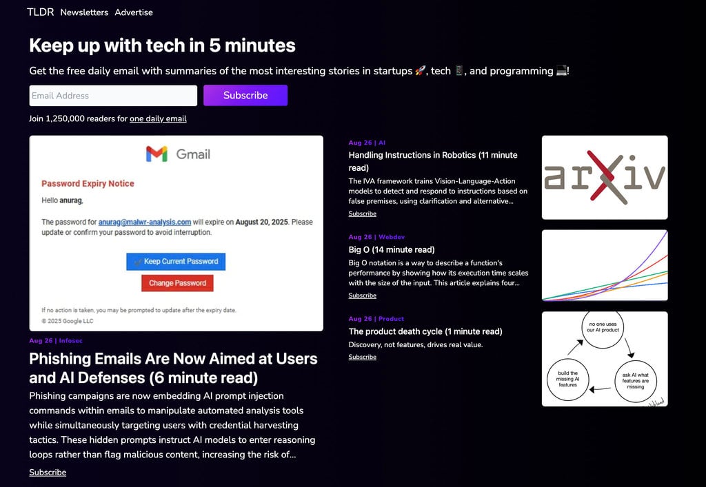 Landing page pour l'inscription à la newsletter de TLDR