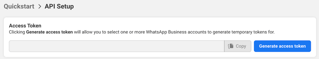 Menu de génération de jetons d'accès WhatsApp Business