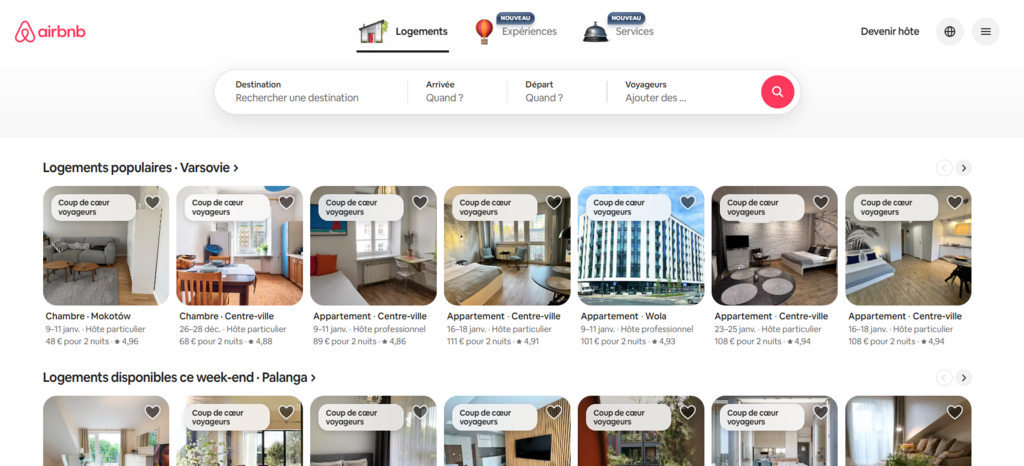 Page d'accueil Airbnb