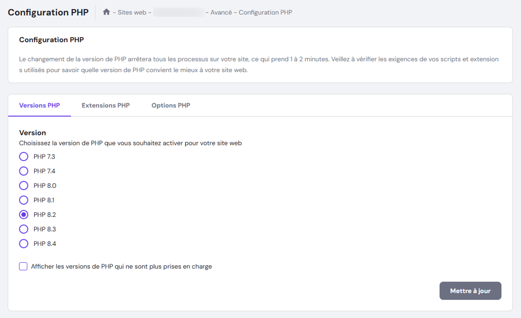 Param&egrave;tre Configuration PHP de hPanel pour Version PHP
