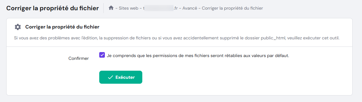 La section Corriger la propriété du fichier sur hPanel