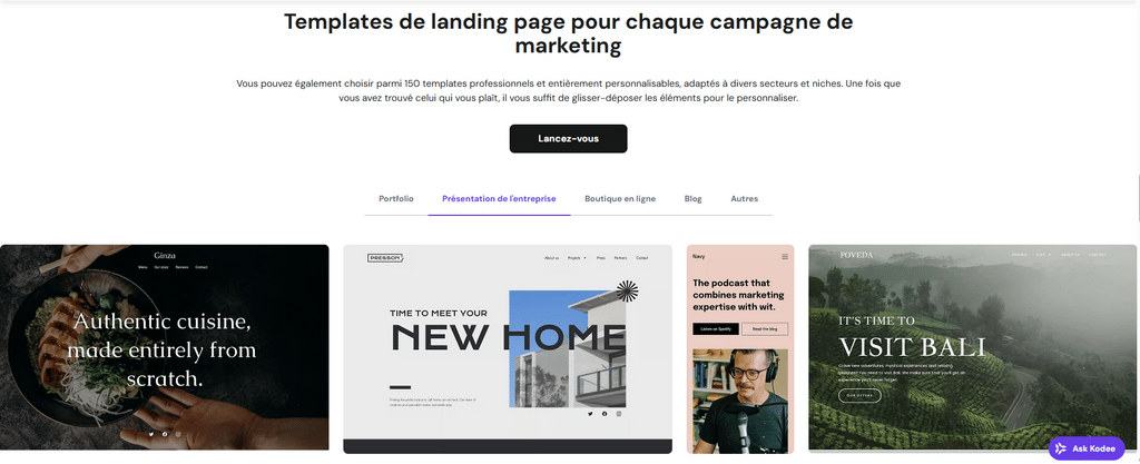 Template de landing page propos&eacute; par le cr&eacute;ateur de sites internet de Hostinger