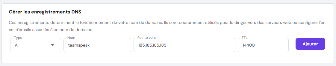 Nouvelle fenêtre de création d'enregistrement A sur hPanel