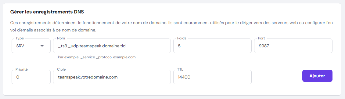 Nouvelle fenêtre de création d'enregistrement SRV sur hPanel