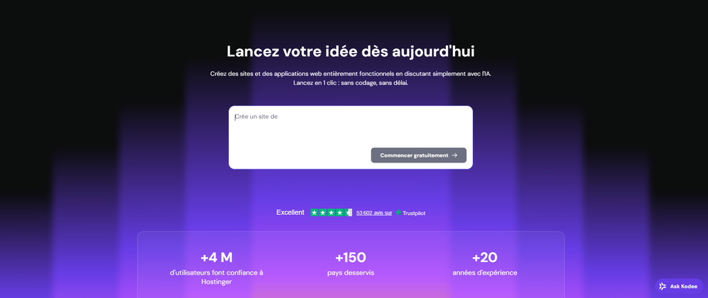 Landing page de la plateforme d'applications web Hostinger Horizons