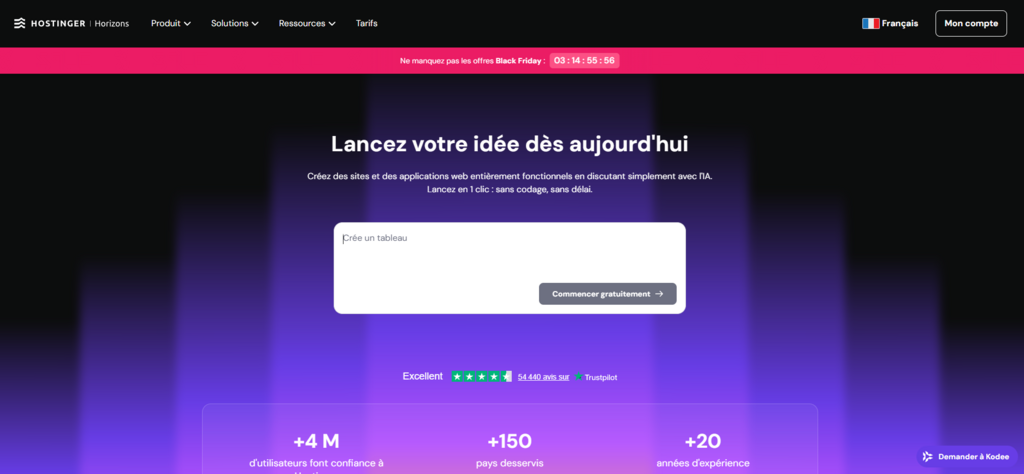 Page d'accueil Hostinger Horizons