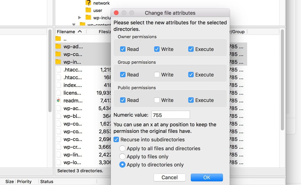 Fenêtre « Modifier les attributs du fichier » de FileZilla