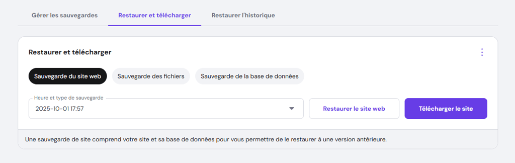 Section Sauvegardes sur hPanel. L'option Sauvegardes du site web est s&eacute;lectionn&eacute;e.