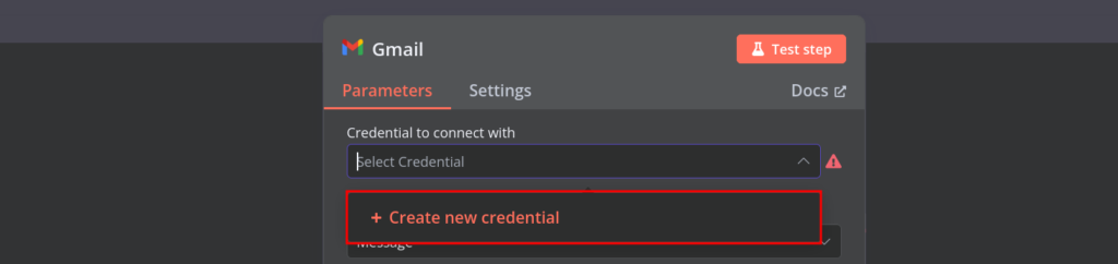 Invite d'int&eacute;gration n8n Gmail affichant un bouton permettant de cr&eacute;er de nouveaux identifiants pour l'authentification